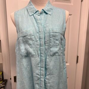Chicos, turquoise aqua blue sleeveless linen tunic, large 2 front button